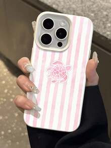 1pc INS Style Pink & White Striped Cute Sea Turtle Pattern Textured Soft Protective Phone Case, Waterproof Shockproof Slip-Resistant, Suitable As Birthday/Holiday Gift For Friends, Family, Couples, Compatible With Apple/ Phone Models - Multicolor - View 4