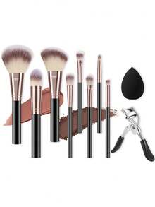 10件套完整化妆刷套装，包含8支柔软的化妆刷——例如散粉刷、腮红刷、轮廓刷、高光刷、鼻影刷、眼影刷、眉刷和唇刷——外加1个液体化妆海绵和1个睫毛夹；非常适合初学者、专业化妆师和新手美容练习。 - 黑色 - 查看 1