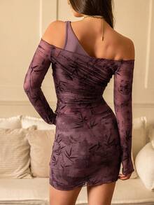 紫色竹子印花不对称露肩长袖上衣和迷你裙套装，适合春季穿搭、夏季套装、度假、派对、简约日常穿着 - 紫色 - 查看 2