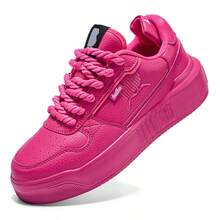 高端休闲厚底运动鞋，鳄鱼纹，时尚系带，适合四季户外穿着 - 玫紅色 - 查看 5