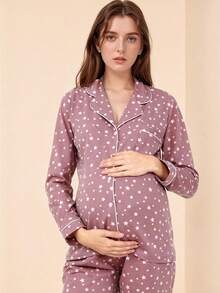 两件套孕妇哺乳睡衣套装，长袖上衣和裤子，花卉印花翻领设计，秋冬服装 - 粉色 - 查看 4