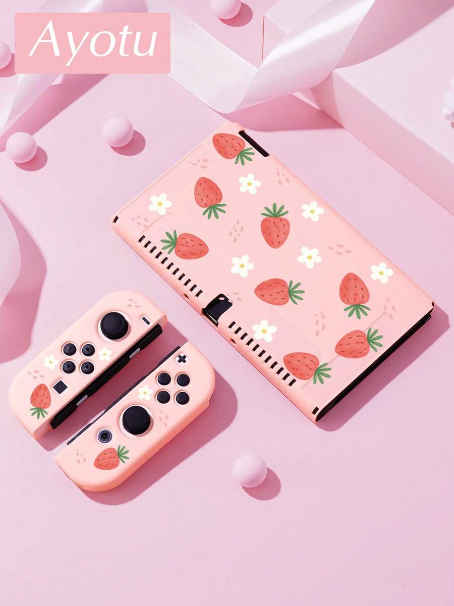 Ayotu 草莓花卉主题Switch保护壳，适用于新款Switch 2 (2025)/Switch NS/Switch OLED，无需取下即可在底座上使用，通用游戏手柄保护套，Switch游戏配件，防摔防刮，春日浪漫/返校礼物/情人节礼物