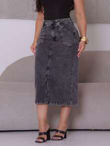 Midi Denim Skirt With Front Slit With Lycra Evangelical Fashion Modest Simple Casual Elegant Zipper Pocket Button Daily - 中等水洗藍 - 查看 1