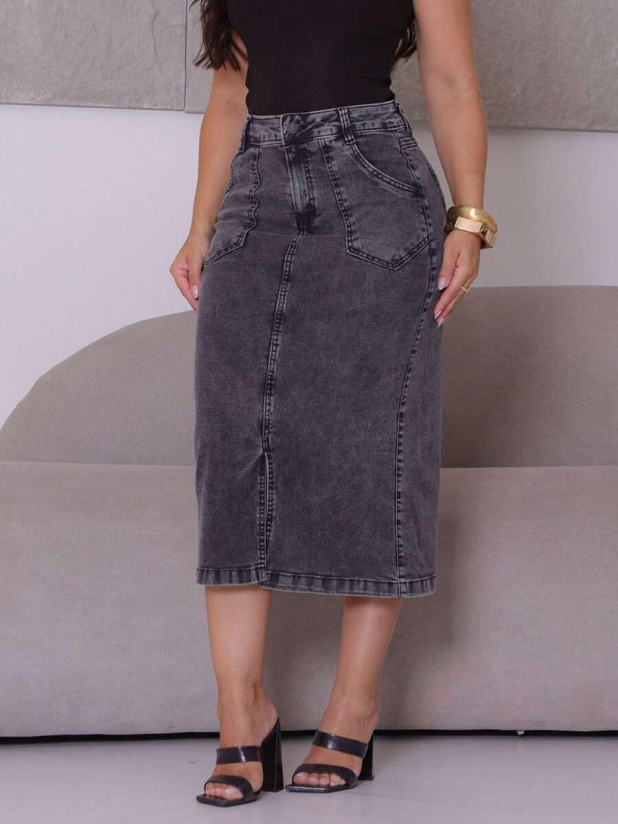 Midi Denim Skirt With Front Slit With Lycra Evangelical Fashion Modest Simple Casual Elegant Zipper Pocket Button Daily - 中等水洗藍 - 查看 1