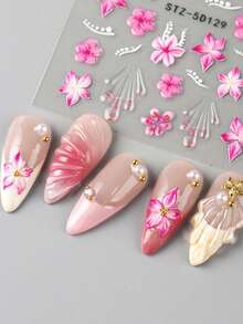 2片5D粉色和红色芙蓉花瓣春季美甲贴纸，3D盛开樱花法式线条美甲贴花，DIY婚礼美甲装饰 - 彩色 - 查看 6