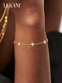 1条S925纯银四叶草花朵锆石手链，简约清新，百搭，适合送给母亲、女友、朋友、情侣，日常佩戴，精致礼品，独特设计的女士珠宝配饰 - 金色 - 查看 2