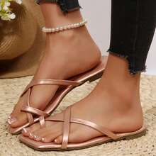 Square Toe Flat Shoes For Women Summer Sandals Slides Casual Outdoor Beach Fashionable Slippers Flip Flops - 玫瑰金 - 查看 5