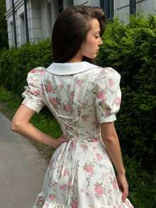 Women's Elegant Fashion V-Neck Ruffled Single-Breasted Puff Sleeve Floral Mini Dress Summer Vacation Pink - Pink - View 7