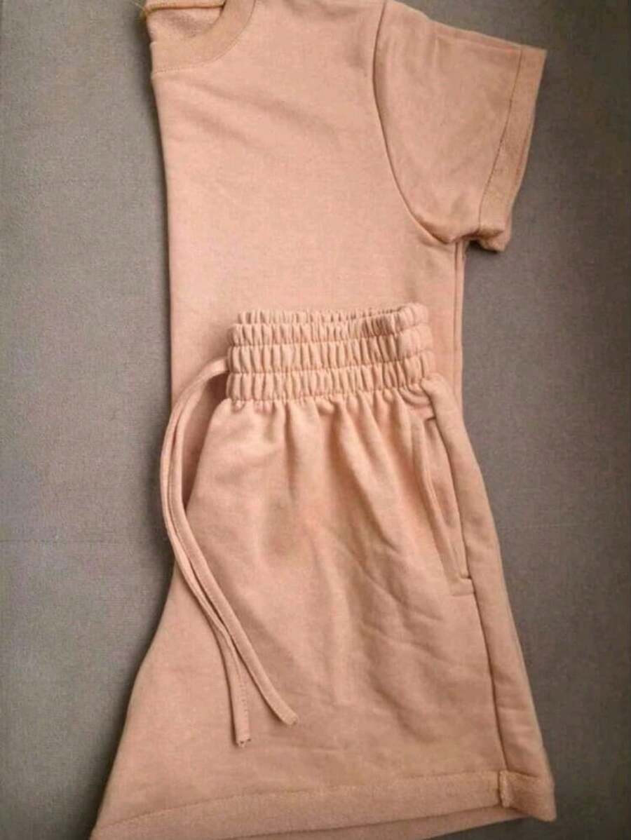 Cropped Top And Sweat Shorts Set, Comfortable Fit And Casual Style. - Camel - View 1