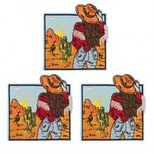 3pcs Cowgirl In The Desert Iron-On Embroidered Patches - Western Bar Applique Badges For Trucker Hats, Jackets, Jeans - Retro Cartoon Cowgirl Design With Cacti & Desert Scene - DIY Clothing Decorations, Gifts For, Cowboy Accessories, Jacket Embellishments, Vibrant Embroidery, Detailed Embroidery - 彩色 - 查看 1