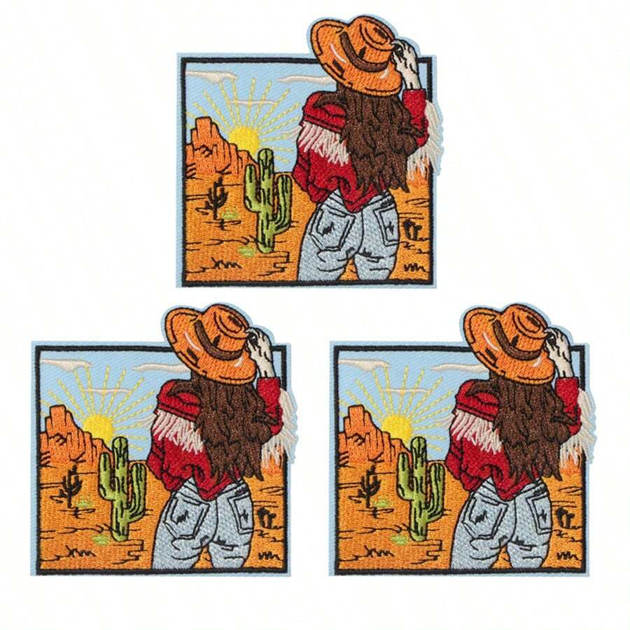 3pcs Cowgirl In The Desert Iron-On Embroidered Patches - Western Bar Applique Badges For Trucker Hats, Jackets, Jeans - Retro Cartoon Cowgirl Design With Cacti & Desert Scene - DIY Clothing Decorations, Gifts For, Cowboy Accessories, Jacket Embellishments, Vibrant Embroidery, Detailed Embroidery - 彩色 - 查看 1