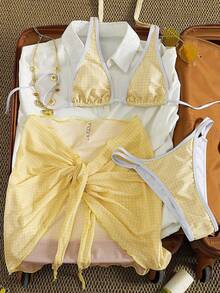 三件套Y2K风格米黄色白格比基尼套装，饰有荷叶边，搭配透视网纱迷你连衣裙罩衫，性感可爱优雅复古乡村风泳装，适合夏季度假、海滩派对、蜜月旅行、春假、复活节、音乐节等场合。 - 黃色 - 查看 5