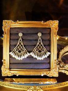 SEQUITO 1 Pair Modern Brides Ear Jewelry Gold Plated Skirt Shape Tassel Drop Hollow Dangle Earrings With Pearl For Daily Party - 5.2cm - View 2