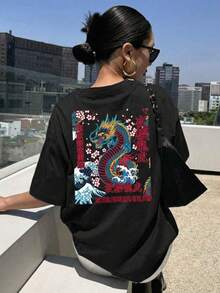 日系浮世绘风格女式T恤，常规版型，东方美学图案，舒适樱花波浪短袖上衣，独特圆领复古街头风动漫风酷女孩休闲黑色 - 黑色 - 查看 2
