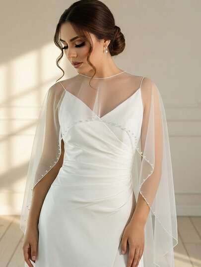 1pc Black Sheer Poncho With Short Front & Long Back, Party, Wedding Ceremony Accessory Shawl