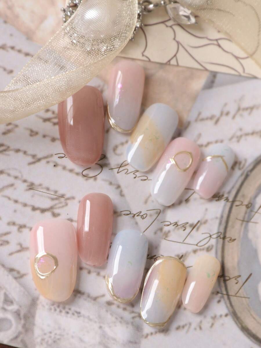 10pcs Press On Nails Pink Cat Eyes Golden Line Blue Halation Gradient Nails Press On Fake Nails Short Office DailyWear False Nails Artificial Nails Kit Includes 1sheet Adhesive Tabs &1 Pc Mini File - Multicolor - View 1