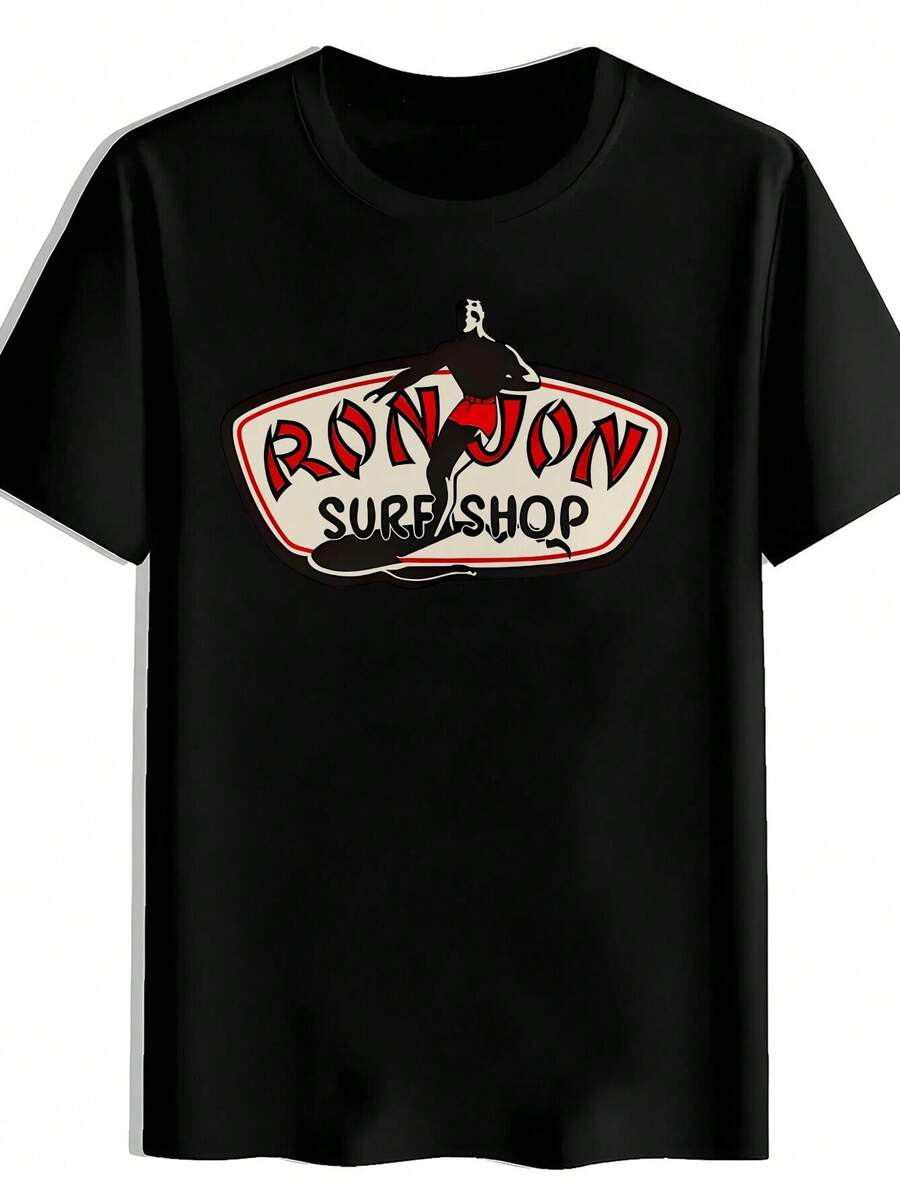 Men'S RonJon Surf Shop Graphic T-Shirt - Black Casual Short Sleeve Tee With Red & White Surfboard Design, Lightweight Polyester For Summer Beach, Travel, And Casual Attire, Beach T Shirt - 黑色 - 查看 1