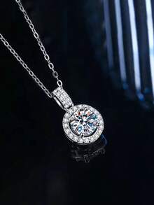 BLOVEMEE 1pc Fashionable Luxury 925 Sterling Silver 1 Carat 6.5mm Moissanite Necklace, Suitable For Women's Daily Wear, Parties, Vacations, Valentine's Day, Mother's Day, Easter, Wedding Anniversary, Women's Jewelry Gift - Silver - View 2