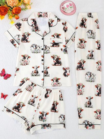 三件套透气短袖睡衣套装，奶牛与花卉印花，女士睡衣套装，短裤和长裤，翻领纽扣短袖，舒适宽松版型，适合所有季节，家居服