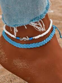 Set de 2 tobilleras de estilo bohemio para mujer, hechas de cuerdas con cuentas y diseño tejido de caballito de mar - Calcetín - Ver 2