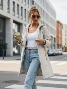 Women's Transitional Season Parka With An Adjustable Waist, Zip And Snap Closure, Adjustable And Detachable Hood, Side Pockets, And Polyester Lining. - Grey - View 4