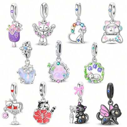 Silver-Plated Pendant, Cat Popsicle Pendant, Jump Rope Kitten Pendant, Heart-Shaped Cat Pendant, Playful Cat Pendant, Tipsy Kitten Pendant, Glowing Cat Paw Pendant From The Secret Realm, Lily Of The Valley Cat Pendant, Crystal Cat Pendant, Fortune Cat Pendant, Fishing Kitten Pendant, Flying Kitten Pendant. Suitable For Women's Bracelets, Necklaces, DIY Jewelry Making, Date Gifts, And Sweet-Style Women's Accessories.