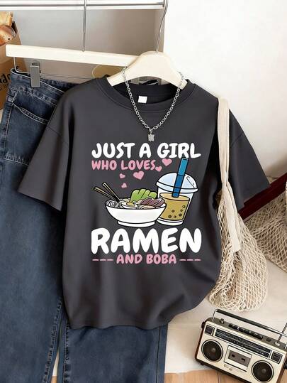 1pc Funny Ramen & Bubble Tea Print Short Sleeve T-Shirt, Cute Style, Soft & Comfortable, Casual & Fashionable Summer Wear, Girls Daily Top