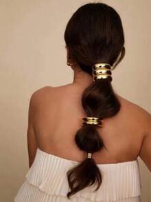 Set de 3 Sujetadores de pelo elásticos con remaches metálicos de estilo geométrico europeo y americano, nuevos sujetadores de pelo elegantes, bandas de pelo multifuncionales, sujetadores de pelo con estilo retro, coleteros, accesorios para el cabello, bandas de goma para el cabello, scrunchies, cuerda para el cabello - Dorado - Ver 8