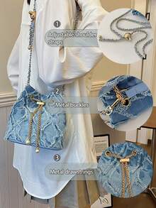 New Fashion Classic All-Match Solid Color Diamond Lattice Raw Edge Metal Drawstring Opening And Closing Design Shoulder Bucket Bag, Elegant Women's Wallet, Drawstring Fringe Shoulder Bag, Denim Bucket Bag, Women's Pearl-Embellished Drawstring Chain Crossbody Bag, Luxury Women's Crossbody Bag, Fashionable Denim Single-Shoulder Tote With Chain Strap And Diamond-Patterned Linen Trim, Wearable Crossbody Or Underarm Carry, Multi-Pocket Design, Oversized Relaxed Hobo Bag With Adjustable Strap, Pearl Rhinestone Bucket Bag, Elegant Evening Clutch, Travel Tote, Niche-Design Commuter Handbag, Distressed Fringe Shoulder Bag, Quilted Distressed Fringe Cylindrical Tote, Drawstring Tote Casual Women's Bag. Perfect For Shopping, Commuting, Parties, And Gatherings. Christmas, Thanksgiving, Cyber Monday Holiday Gifts. Velvet Party Bags For New Year's, Winter, And Snow Season. Year-End Promotions. Warm, Plush, Fur-Lined Styles.End-Of-Year Stocking Stuffers Christmas Gifts - Blue - View 6