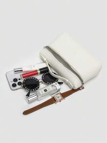 1pc Solid Color Litchi Texture PU Square Shoulder Bag, Small Handbag For Women, Suitable For Daily Fashion Matching, - White - View 7