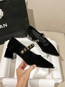 2026春季新款女鞋，复古玛丽珍粗跟尖头浅口鞋，金属搭扣设计，通勤及日常穿着，棕色、米色、黑色 - 黑色 - 查看 2