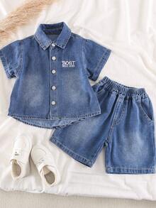 2pcs/Set Boys' Denim Short Sleeve Shirt And Shorts Set, Suitable For Daily, School, Casual And Outdoor Wear, Summer - Blue - View 2
