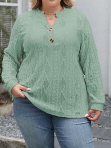 新款欧美风跨境V领宽松短袖T恤，提花纯色女式上衣，春夏款 - 綠色 - 查看 2