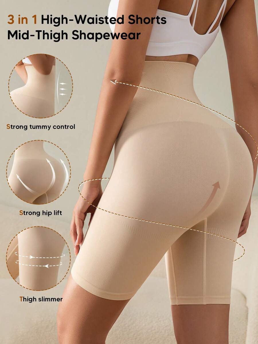 1 pieza Pantalones cortos moldeadores de cintura alta para mujer, de longitud media, adecuados para usar en capas - Beis - Ver 1