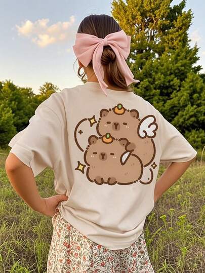 Camiseta de manga corta con cuello redondo y estampado casual para niñas preadolescentes, top de verano