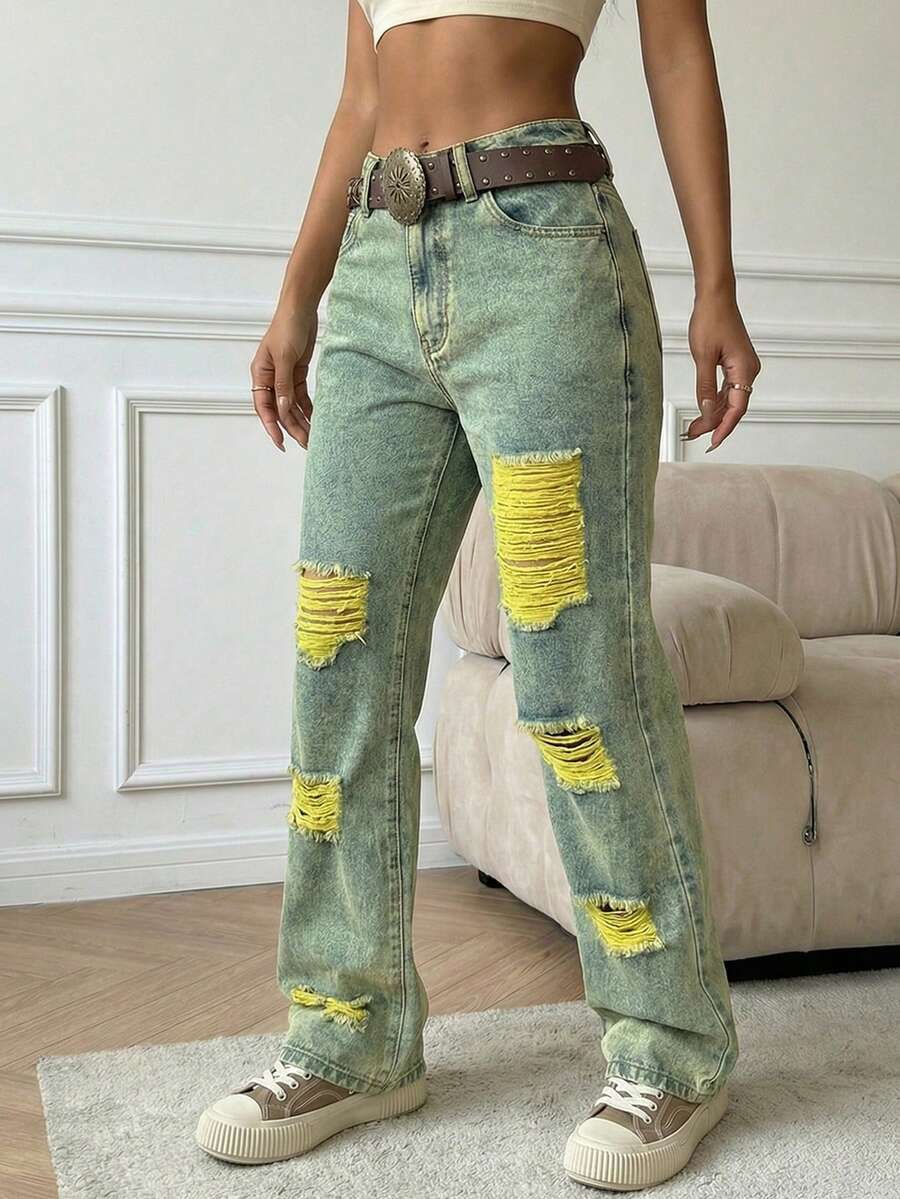 Women's Straight-Leg, Mid-Rise Jeans Without Elastane, With Rips For Urban Looks - Mustard Yellow - View 1