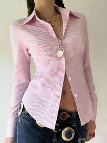 Áo sơ mi dài tay kẻ sọc buộc dây phía sau phong cách Y2K mùa hè dành cho nữ của Sunny Girly, kiểu dáng preppy màu hồng, phù hợp cho công sở, dạo phố và đi làm. - Hồng - Xem 5