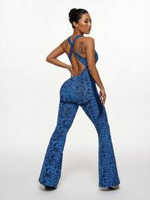 1pc Seamless Snake Skin Pattern High Stretch Tummy Control Sports Yoga Jumpsuit For Women - Navy Blue - View 5