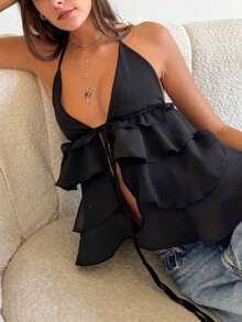 Women's Ruffle Halter Neck Tops, Y2K Sheer Lightweight Silk Tank Tops, Sleeveless Open Back Layered Ruffle Hem Cami Tops, Adjustable Tie-Front Crop Tops, Cute Petal Blouse, Summer Shirts - đen - Xem 2