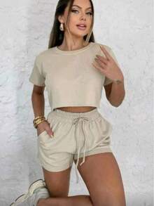 Cropped Top And Sweat Shorts Set, Comfortable Fit And Casual Style. - Rust Brown - View 2