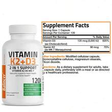 Suplemento de vitamina D3 + K2 (MK7): favorece la salud de huesos, articulaciones, corazón, sistema inmunitario, dientes y piel - 120 cápsulas - 1 BOTELLA - Ver 6