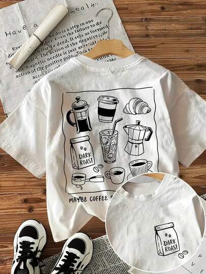 [Double-Sided Print] Spring/Summer Top, Hand-Painted Style, Coffee, Bread, Maybe Coffee, Pure Cotton, Casual, Round Neck, Short Sleeves, Printed Women's T-Shirt.