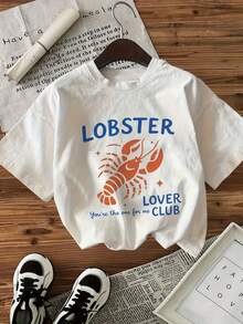 Women's Lobster Lovers Club Graphic T-Shirt - Casual Crew Neck, Short Sleeves, Regular Length, Black With Red Lobster Design, Perfect For Summer Outings And Casual Summer Wear  Playful Graphic Tee  Comfortable Fit - trắng - Xem 1