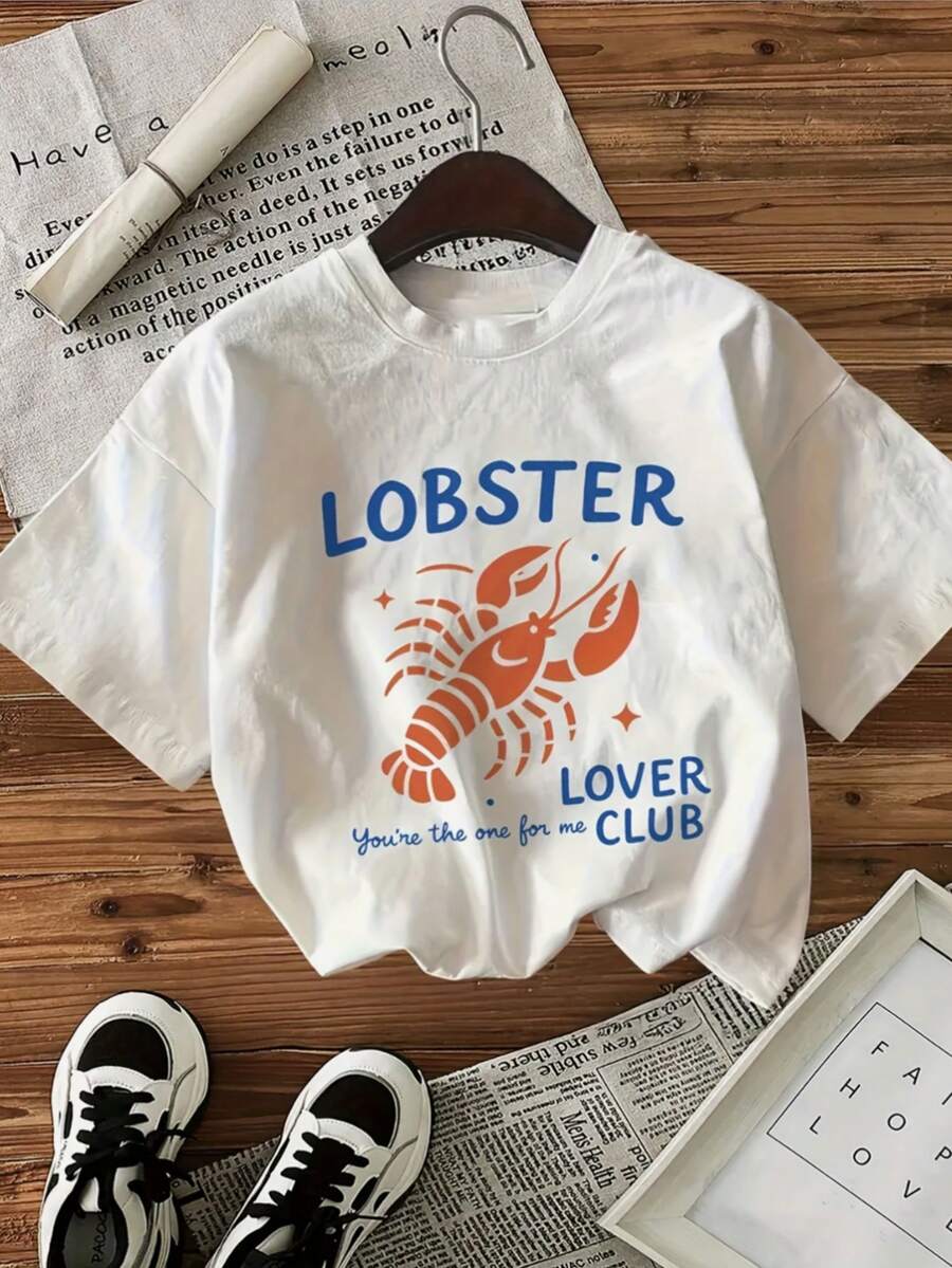 Women's Lobster Lovers Club Graphic T-Shirt - Casual Crew Neck, Short Sleeves, Regular Length, Black With Red Lobster Design, Perfect For Summer Outings And Casual Summer Wear  Playful Graphic Tee  Comfortable Fit - trắng - Xem 1