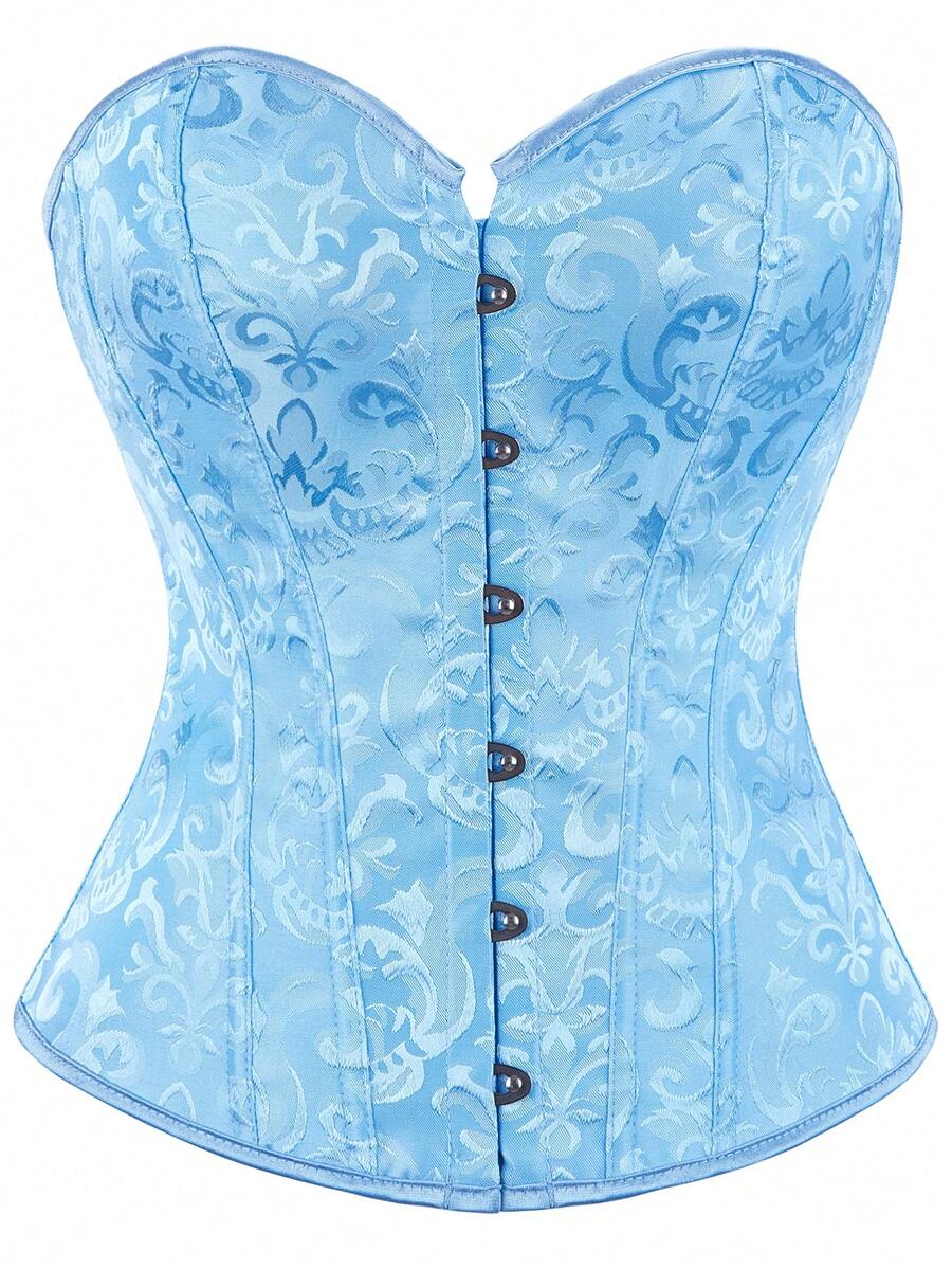 女士提花紧身胸衣，性感露背绷带抹胸吊带衫，无肩带露脐上衣 - 天藍色 - 查看 1