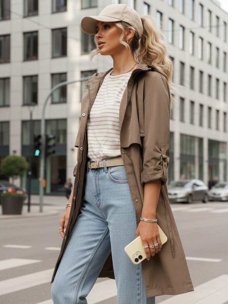 Áo khoác parka nữ mùa chuyển tiếp với eo điều chỉnh được, khóa kéo và nút bấm, mũ trùm đầu có thể điều chỉnh và tháo rời, túi bên hông và lớp lót bằng polyester. - Màu be - Xem 1