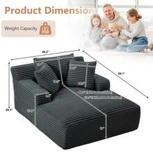66'' Chaise Lounge Chair Indoor, Corduroy Boneless Sofa Bed, Deep Seat Sleeper Couch Reading Chairs For Bedroom Living Room, Movie Room, No Assembly,Dark Gray - Màu xám đen - Xem 8