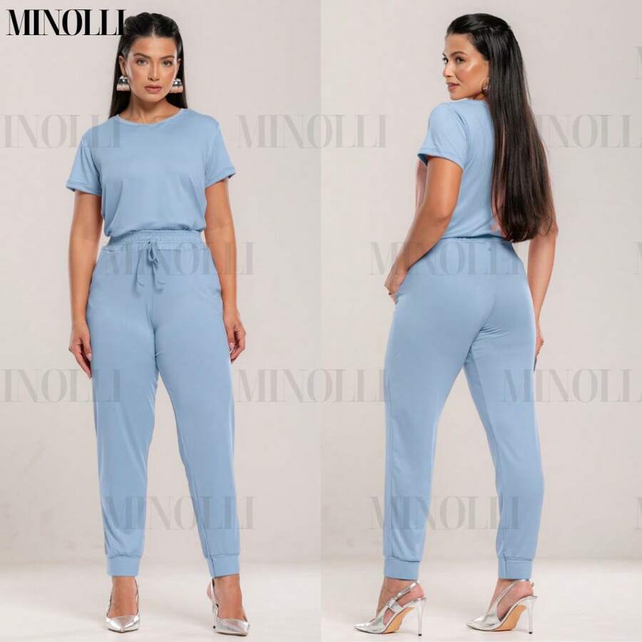 Women's Set In Light Suede Knit Fabric, Jogger Pants, Comfortable Women's Blouse, Uniform Clothing - 嬰兒藍 - 查看 1
