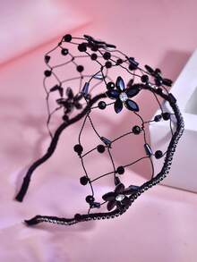 1pc Rhinestone Flower Crown Headband, Luxury Minimalist Crystal Woven Mesh 3D Wide Headpiece, Suitable For Bride, Wedding, Festival, Party, Casual Wear - Black - View 7