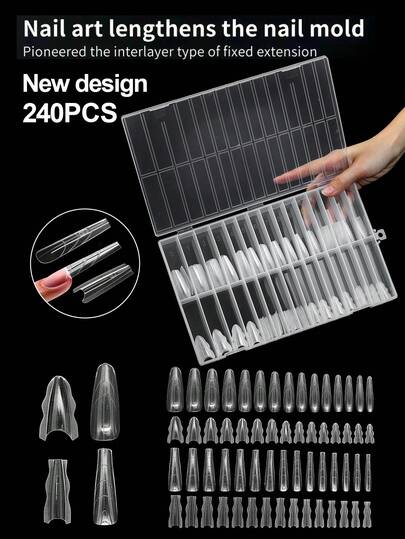 240 piezas de formas de uñas para sándwich (incluidas formas de almendra y ataúd), herramientas de arte de uñas DIY de formas de cristal transparente reutilizables, 14 tamaños, 120 piezas de formas superiores y 120 piezas de formas inferiores para extensión de uñas de gel